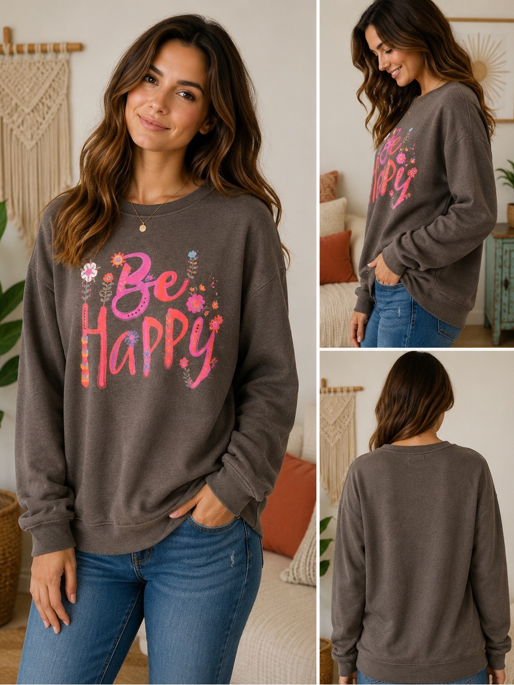 Natural Life Be Happy Graphic Sweatshirt Brown Pink Floral Boho Pullover XS